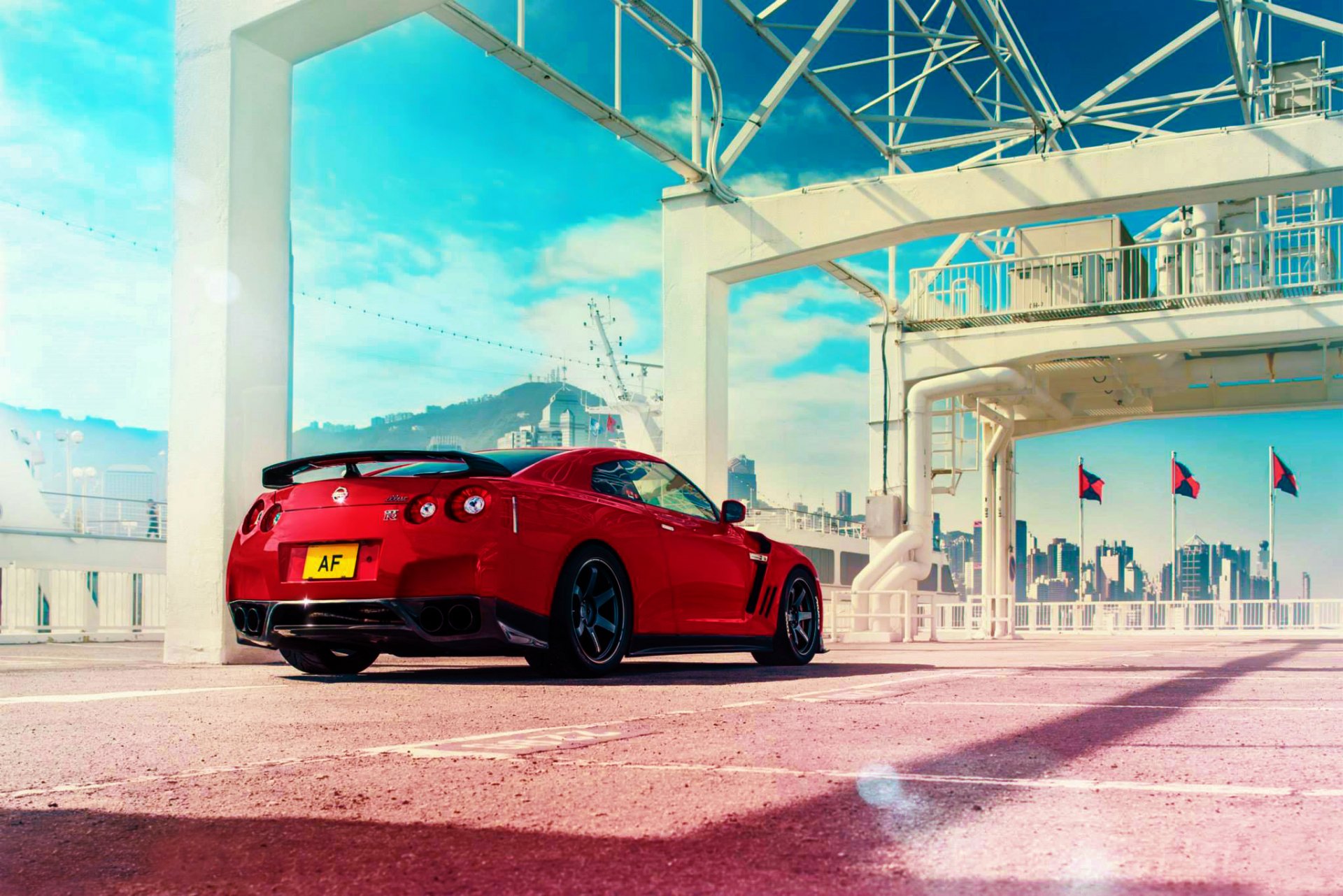 nissan gt-r r35 czerwony japonia sport samochód niebo tył