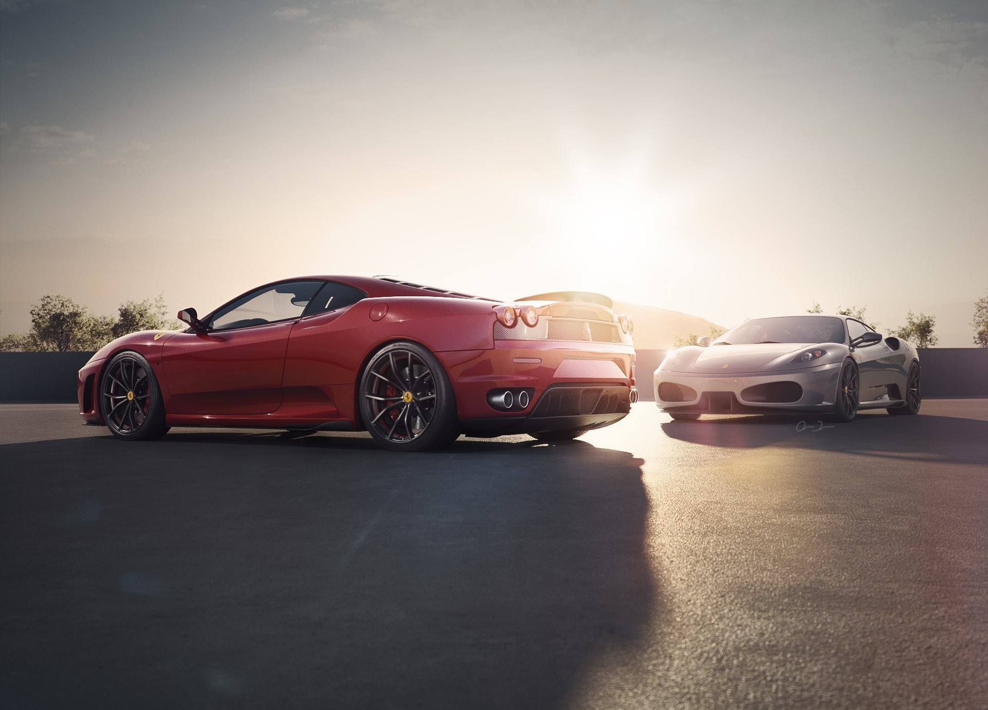 ferrari f430 scuderia araignée rouge argent supercar ciel coucher de soleil