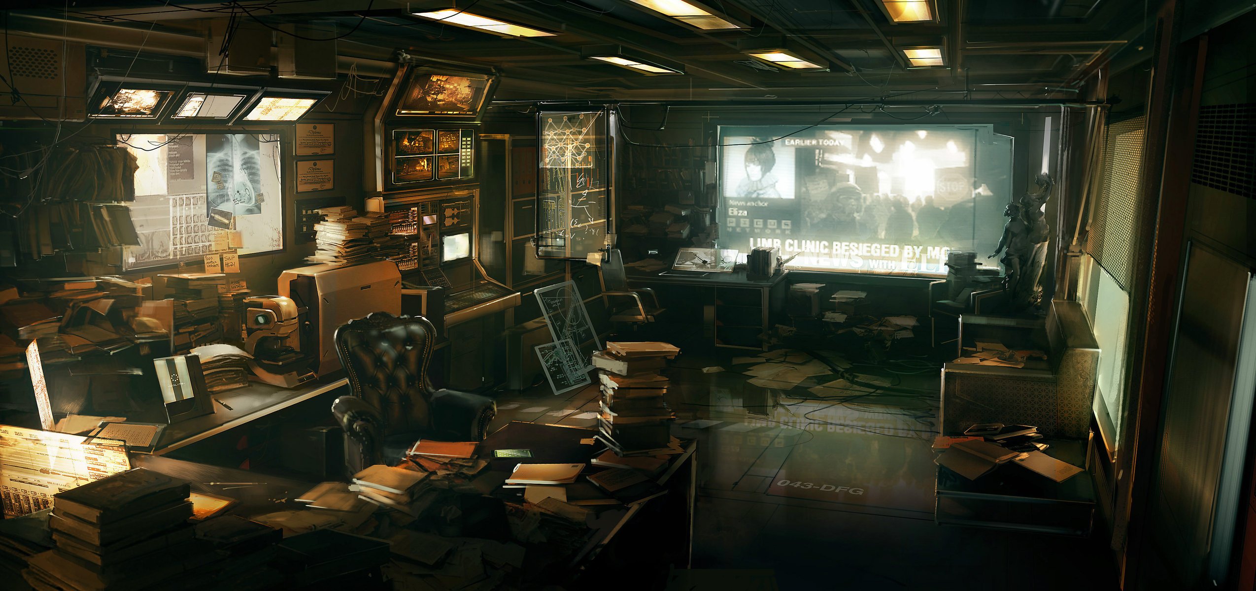 arbeiten deus ex 3 büro schreibtisch sessel bücher papiere monitor einrichtung zeichnungen anime interieur