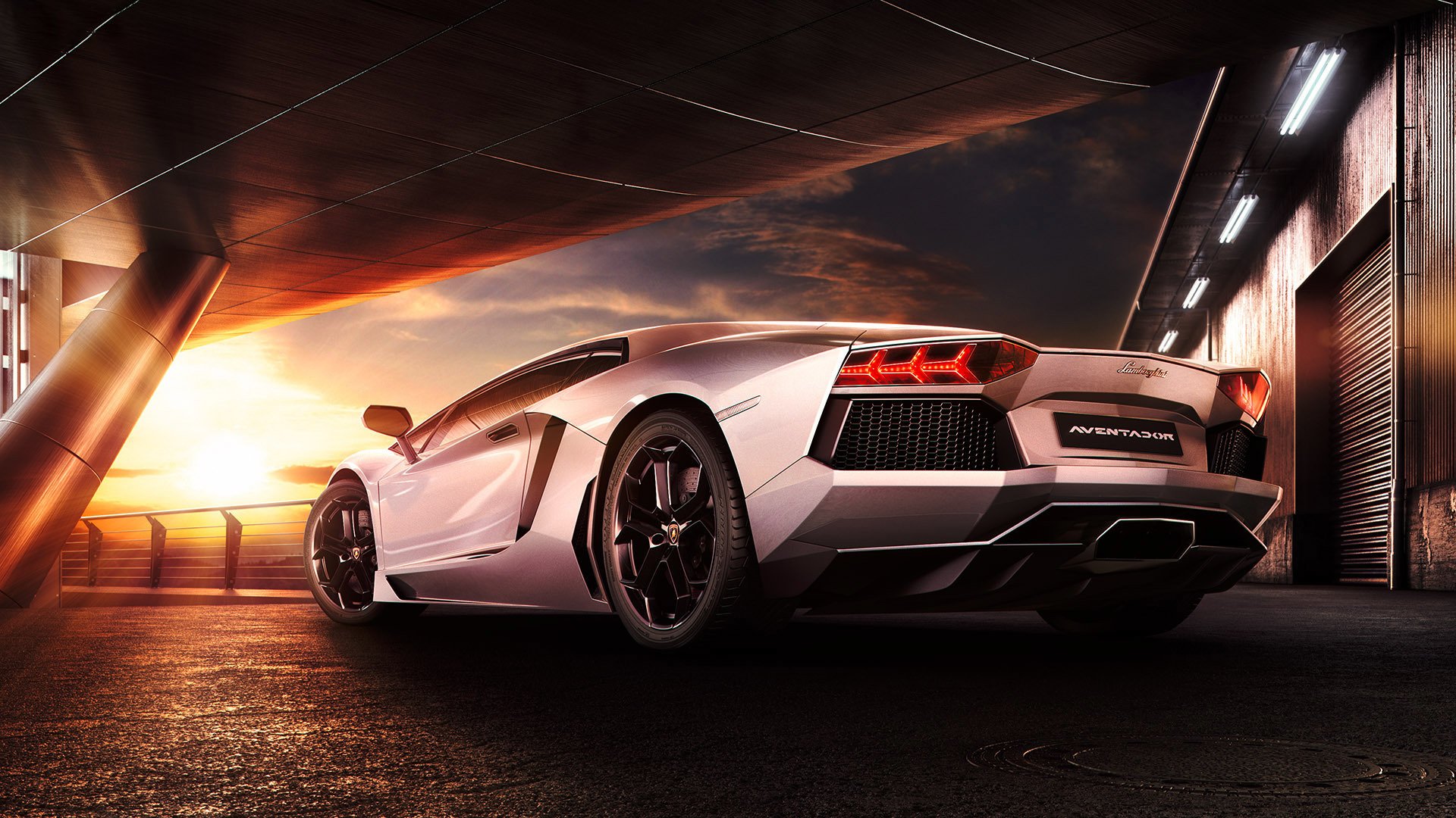 lamborghini aventador lp700-4 supercar coucher de soleil ciel réflexion arrière beauté