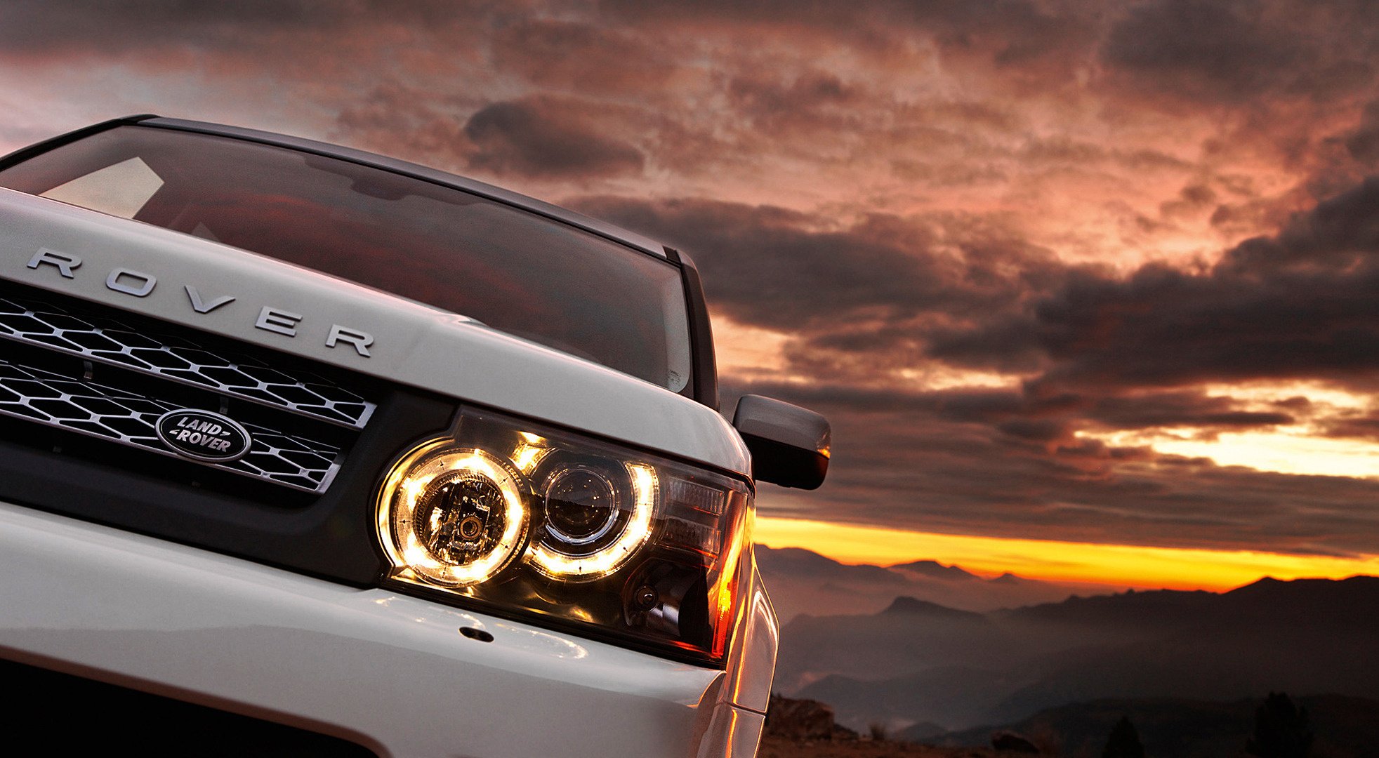 range rover white auto sunset mountains machine clouds lights cars transport vehicle