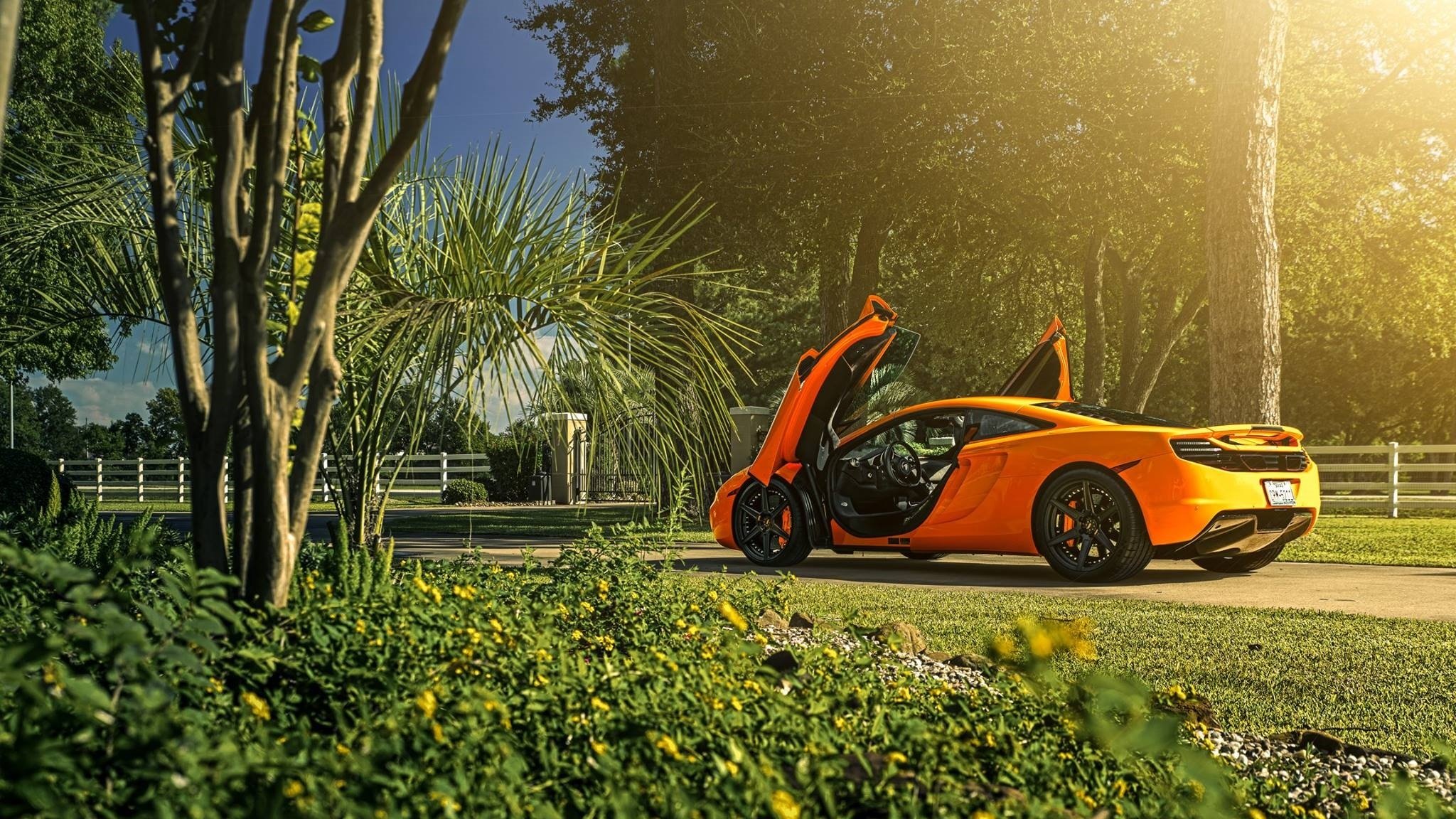 mclaren mp4-12c колеса солнце сзади суперкар оранжевый