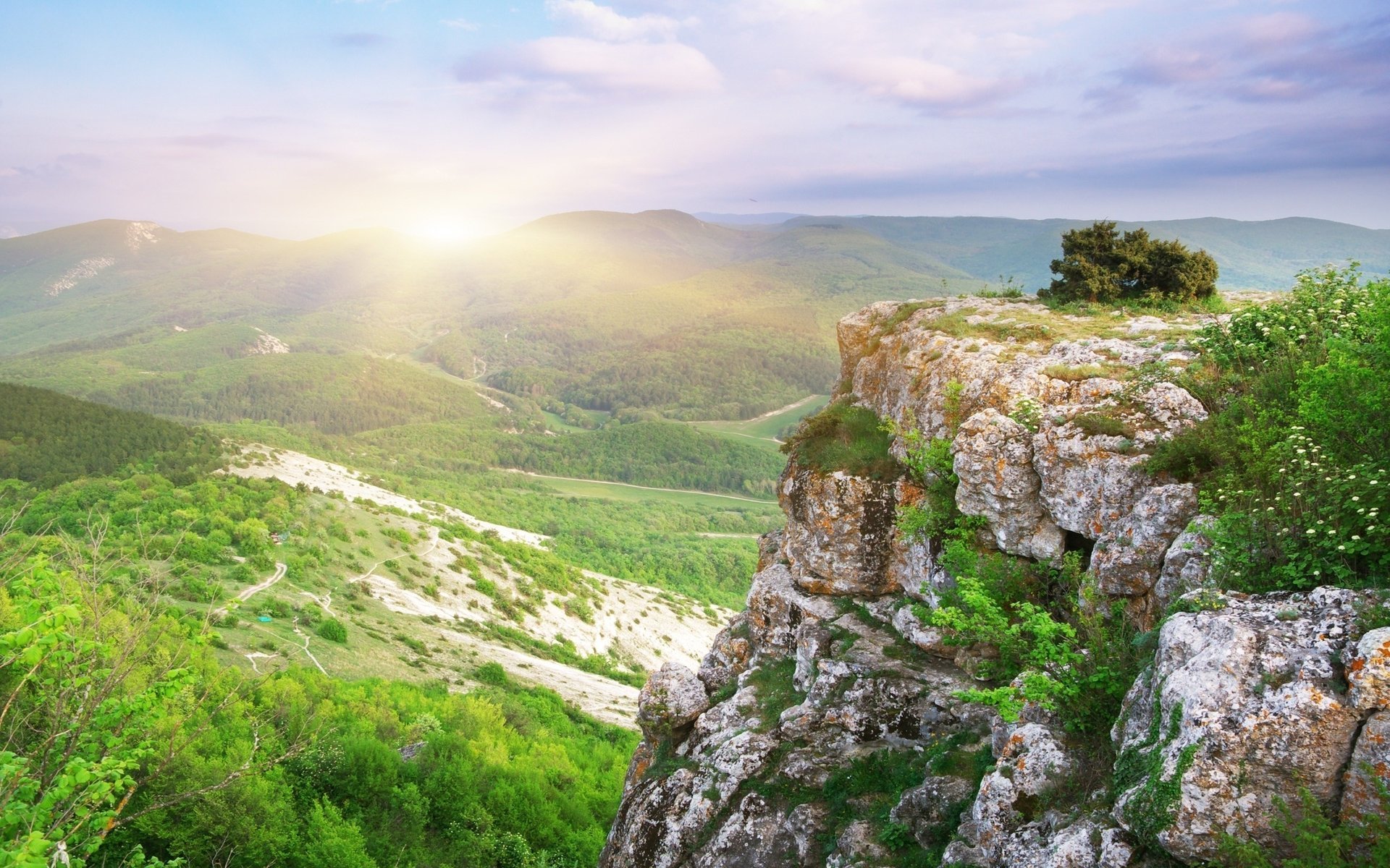 wonderful rock rock valley trees forest blue sky clouds paths altitude view mountain