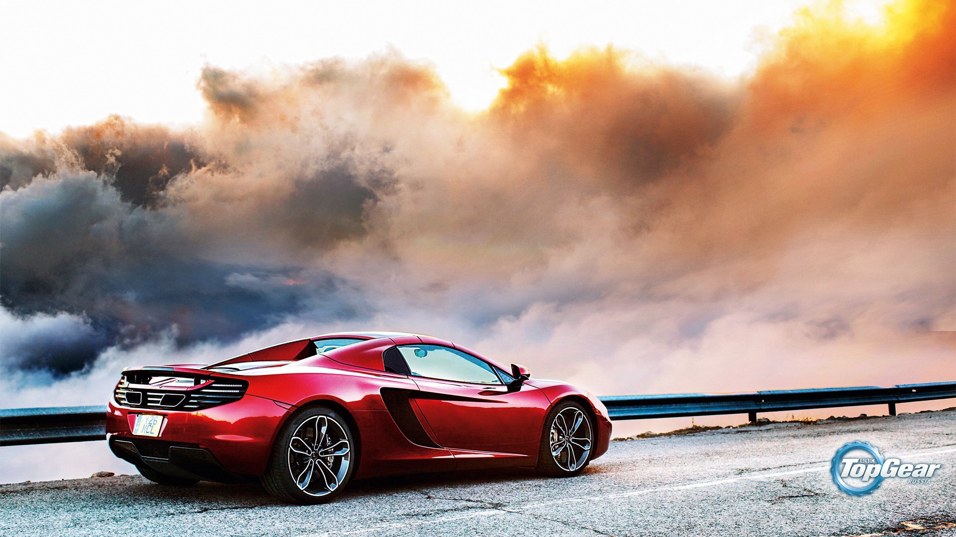 mclaren mp4-12c red back british supercar clouds road sky top gear