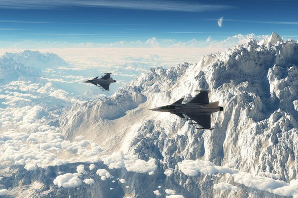 Fighters in the snowy mountains. Ice Mountains and fighters