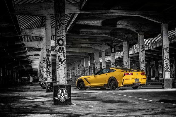 Yellow tuned Chevrolet in the abandoned