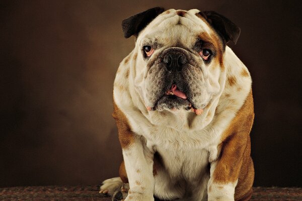 Die englische Bulldogge sitzt schön