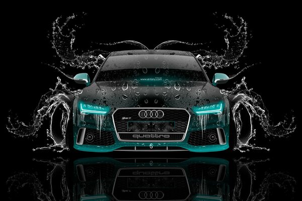 Audi rs7 en negro y turquesa en un piso brillante