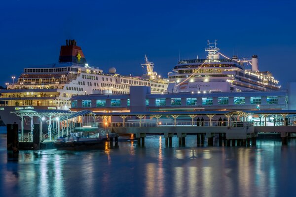 Liner on the Singapore pier with bright lights