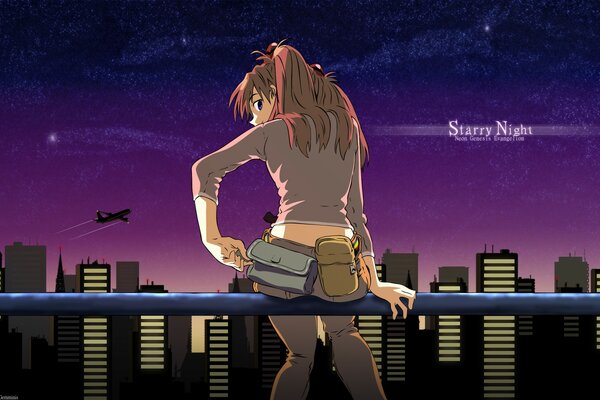 Asuka Langley waiting for the night city