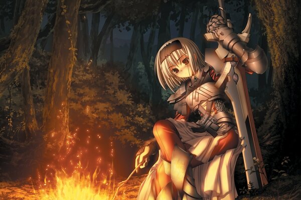 A forest with a bonfire, where a warrior girl is warming herself