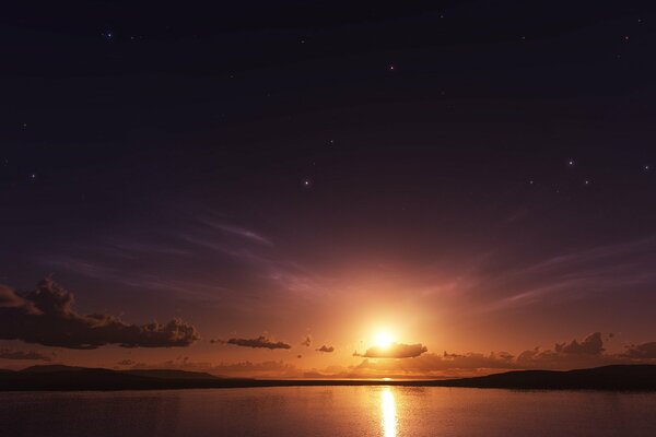 The sun at sunset with a starry sky