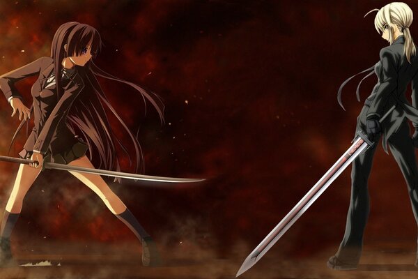 Anime girls with swords in a duel on a burgundy background