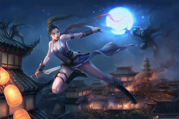 A girl with a steel weapon walks away from the chase in the moonlight