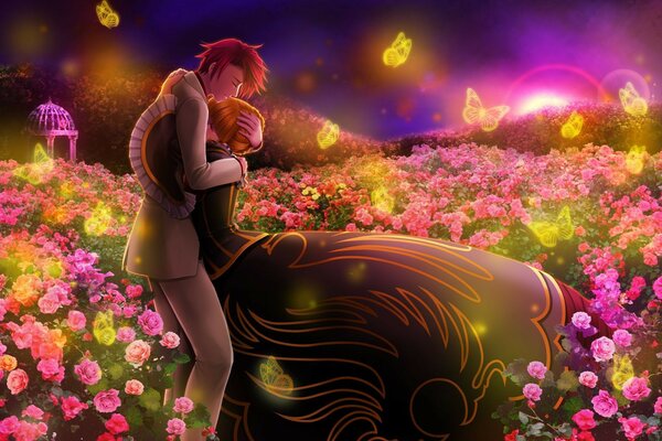 A loving couple are hugging among many flowers and butterflies are flying around