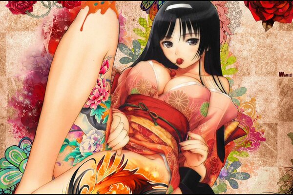 Una geisha bruna con un seno lussureggiante giace in un kimono. Sul tatuaggio bдdras