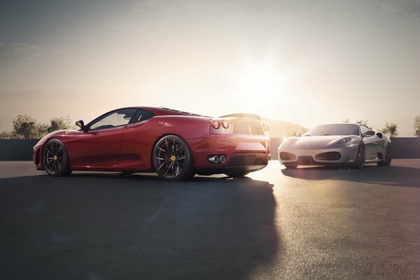 Sports cars on the background of sunset