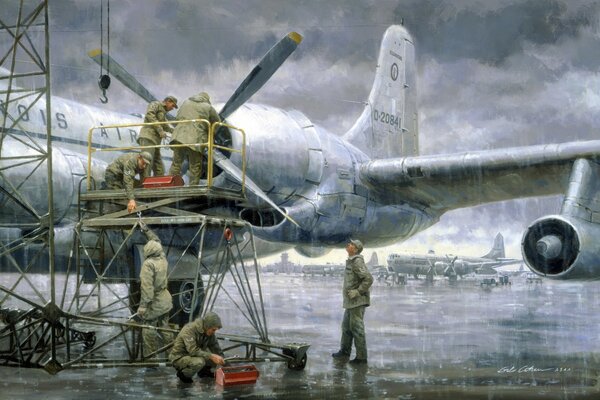 Painting airplane with repair workers