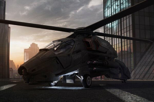 Вертолет на крыше офиса в закате