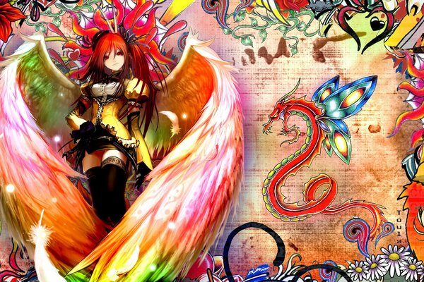 Anime ange fille sur fond lumineux avec dragon et papillon