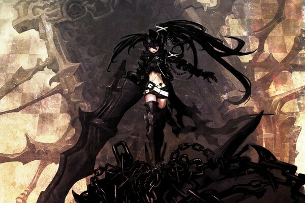 Боевая девушка с оружием в чёрной одежде в стиле аниме