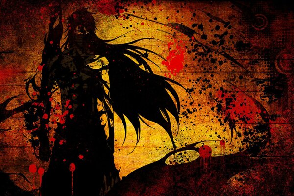 Anime-Zeichnung mit schwarzen Haaren im Blut