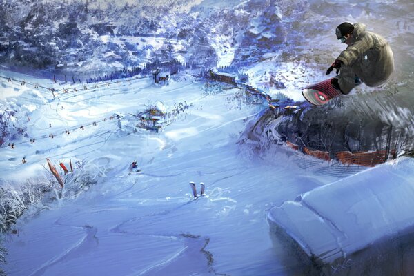 Snowboarder salta su una strada innevata bellissimo inverno