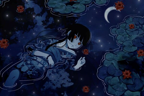 The reflection of the moon in the eyes of a girl lying in a kimono in the water