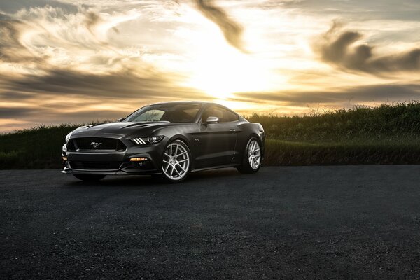 Sports car on the background of the setting sun