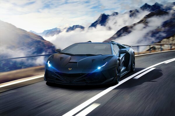 Lamborghini aventador rides on the road at high speed in the mountains