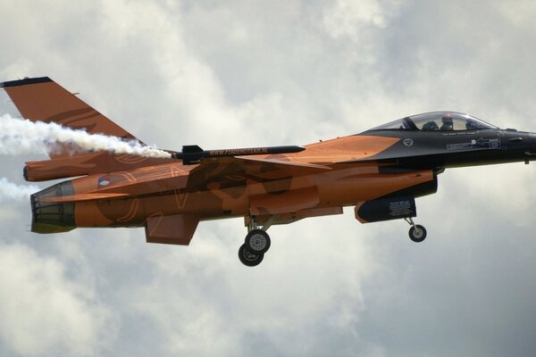 Hermoso caza f-16 en el cielo gris