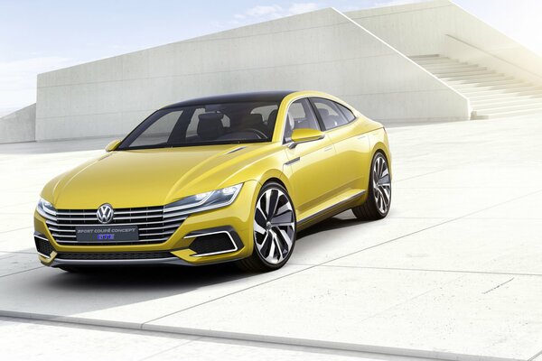 Volkswagen coupe 2015 yellow. On a white balcony