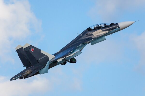 Multi-purpose two-seat su-30cm aircraft on the sky background