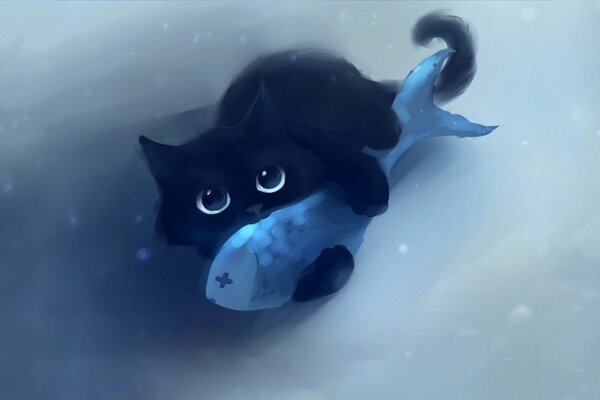 Черный кот держит рыбу