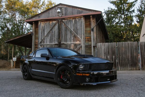 Schwarzer Ford Mustang auf dem Land