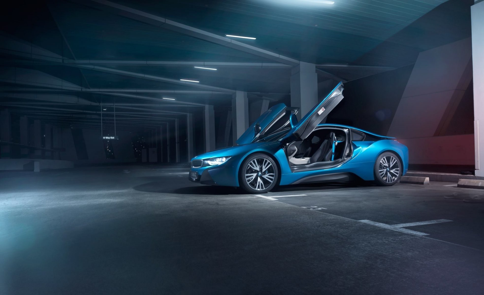 bmw i8 azul aparcamiento coche luz puerta frente