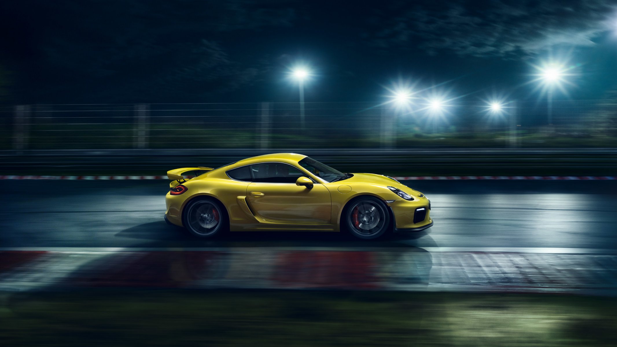 porsche cayman gt4 2015 gelb supersportwagen geschwindigkeit track licht nigth seite