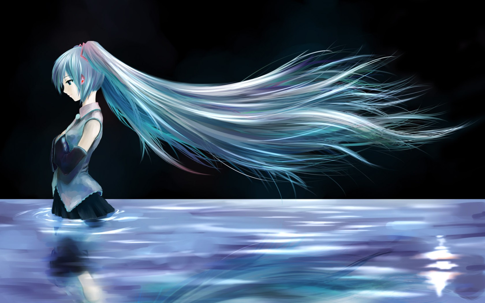 anime hatsune miku vocaloid ragazza capelli lago notte