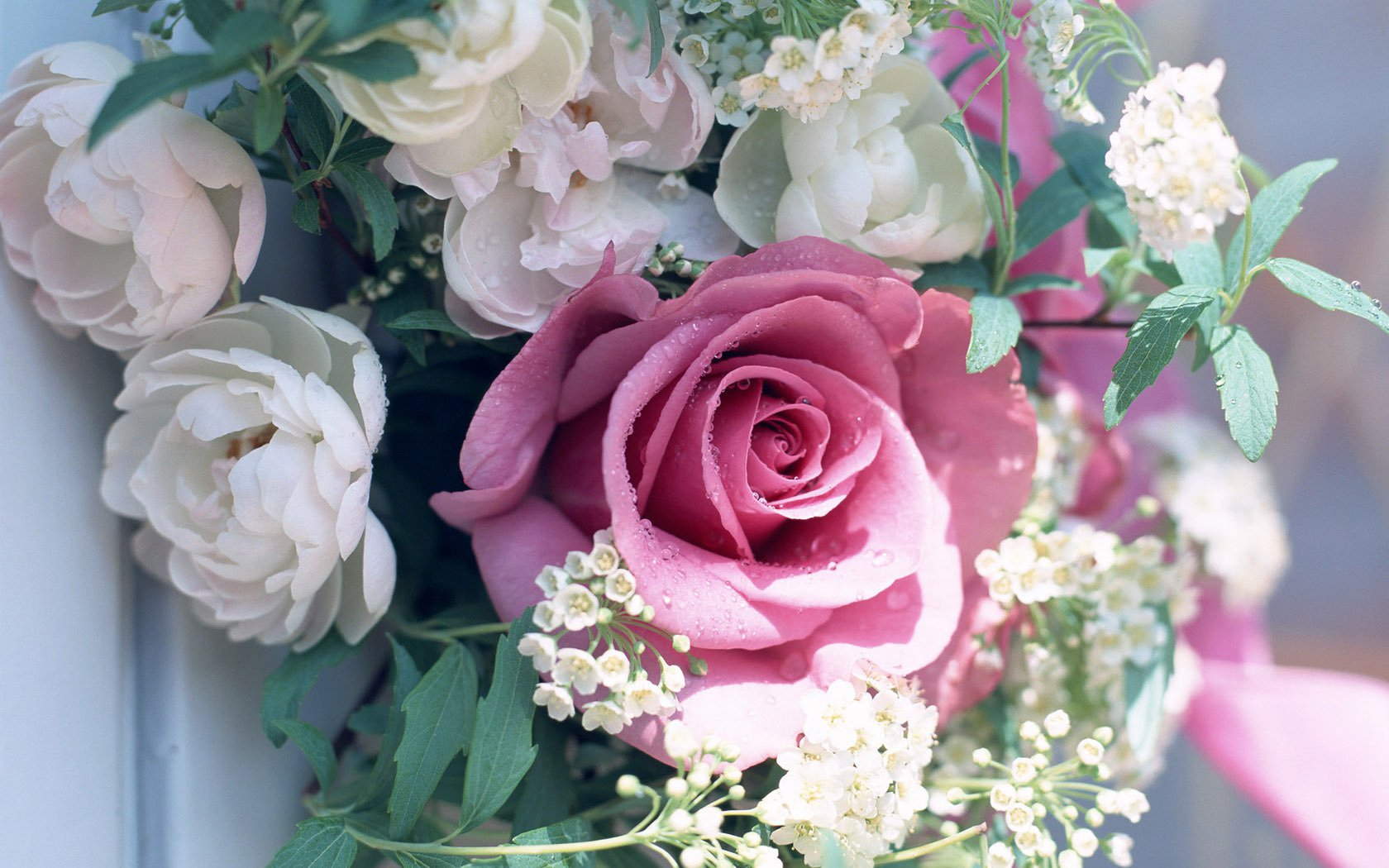 bouquet flowers leaves greens rose peonie