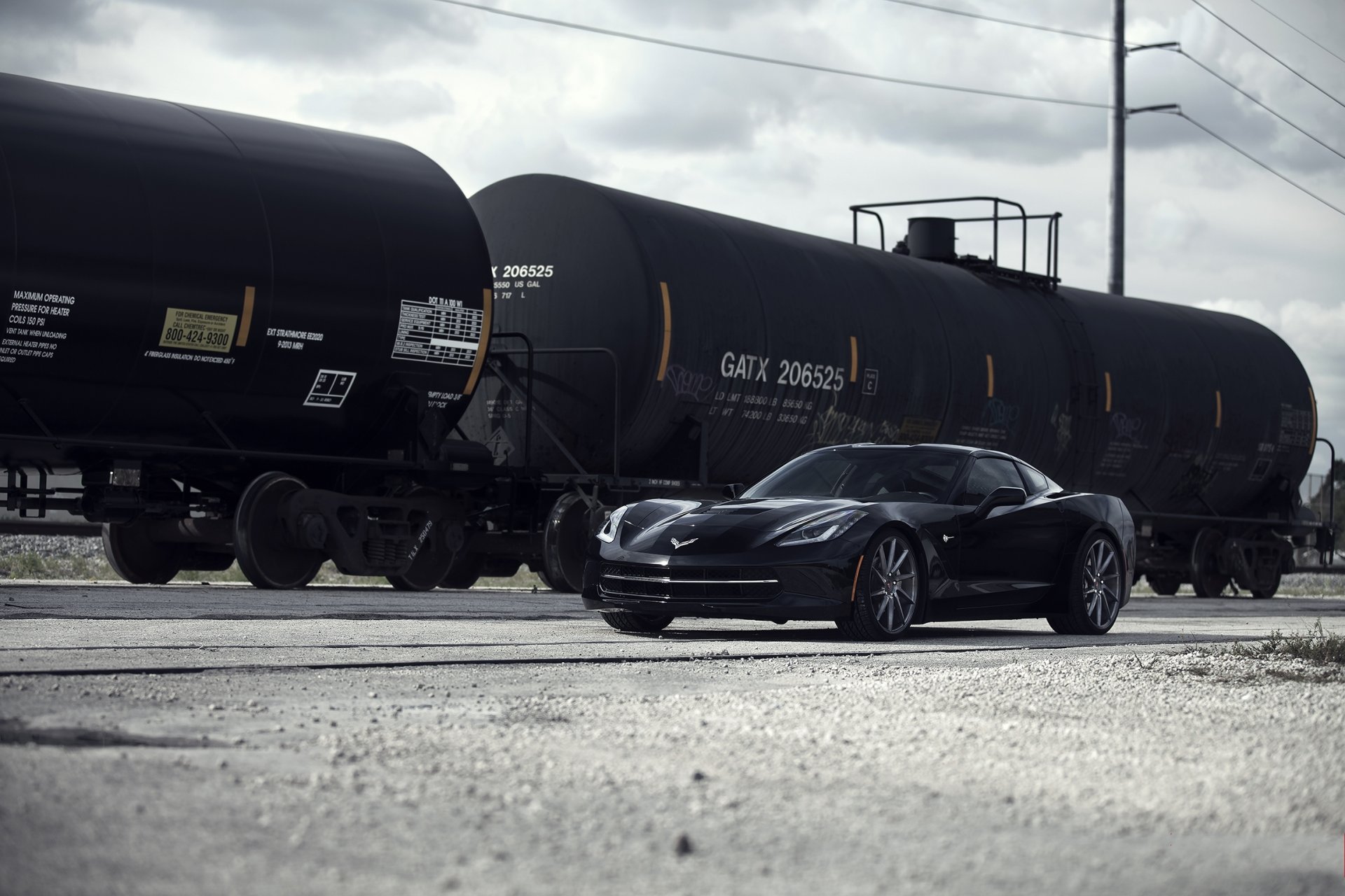 chevrolet c7 corvette stingray black chevrolet corvette front view sky clouds reflection