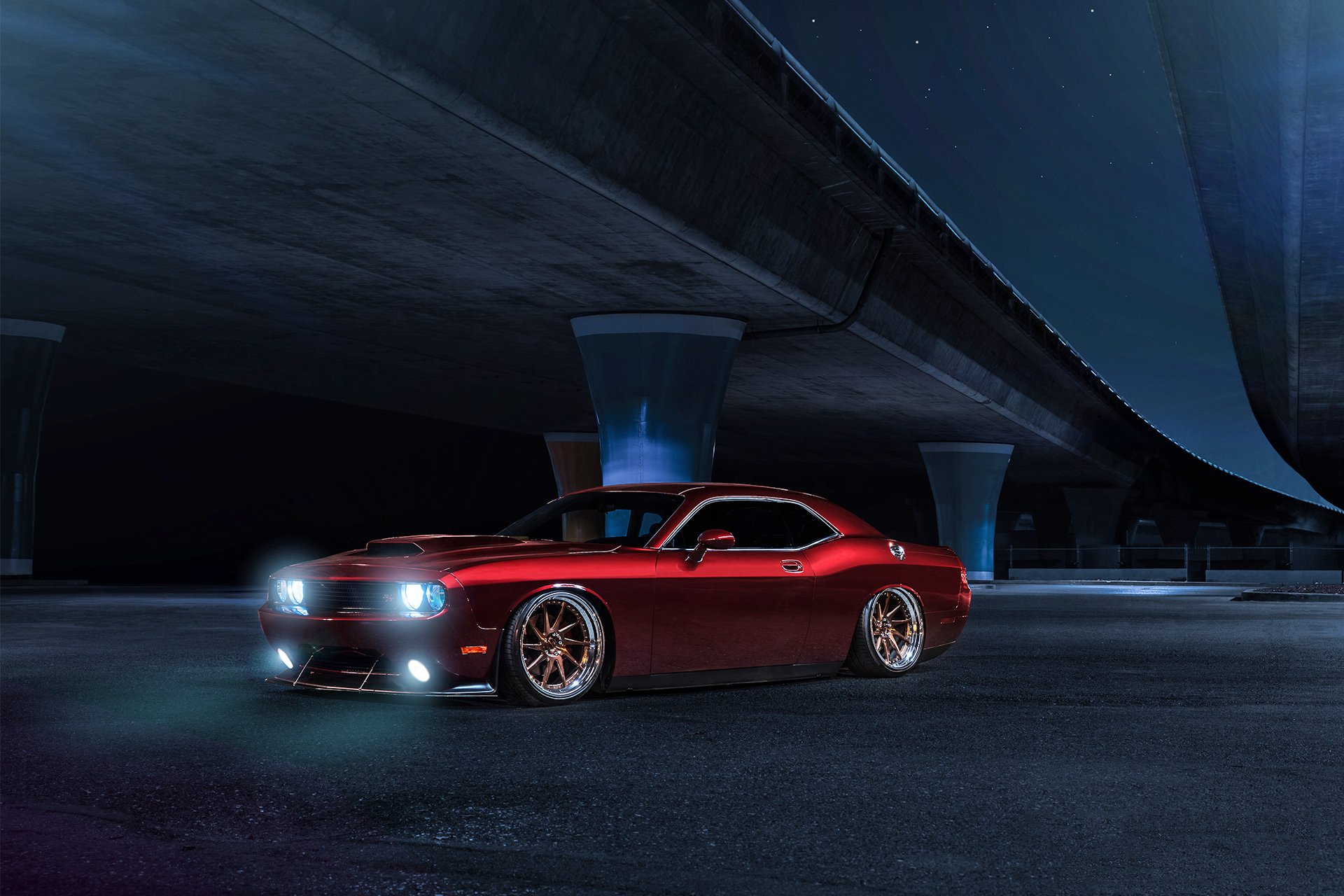 dodge challenger avant garde wheels american muscle car candy red front