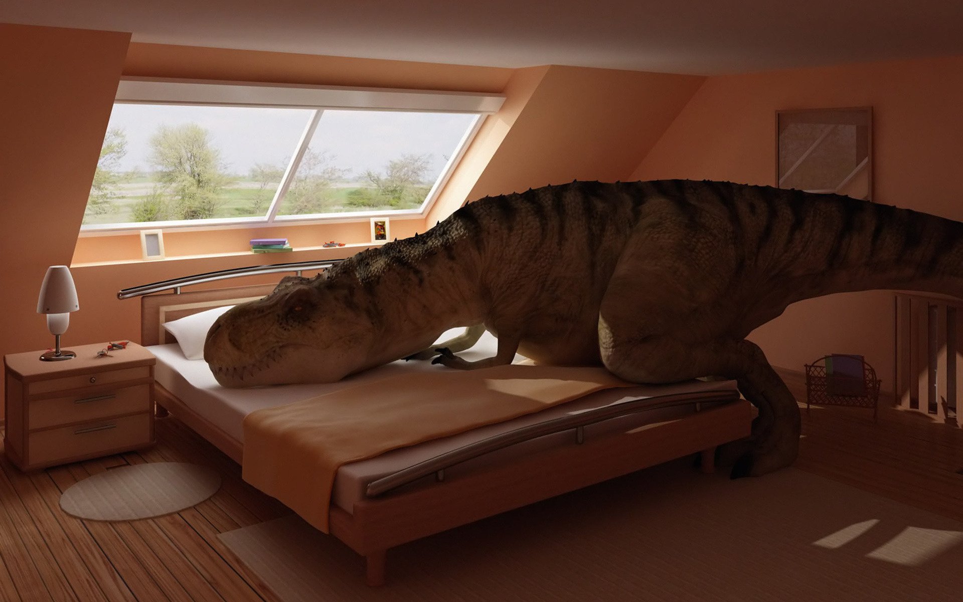 dinosaurio tyrannosaurus descansa dormitorio cama habitación interior animales depredadores