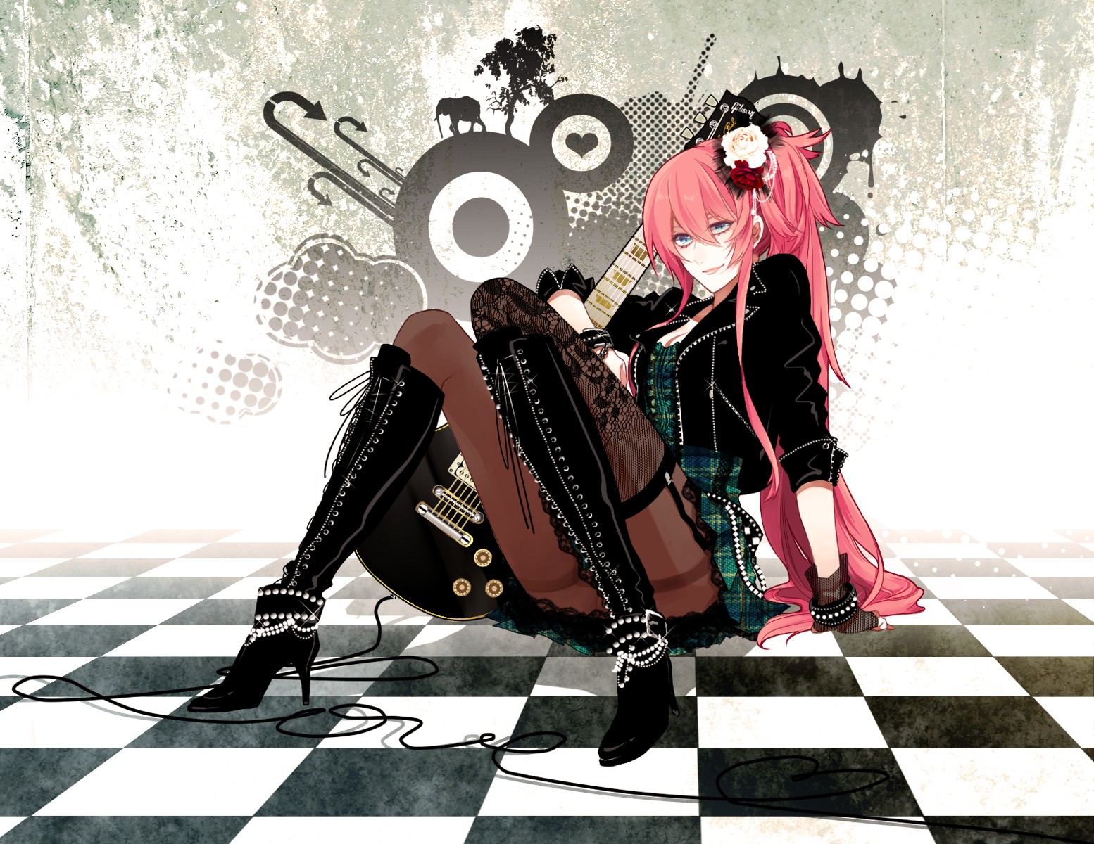 gitara długie włosy megurine luka różowe włosy vocaloid