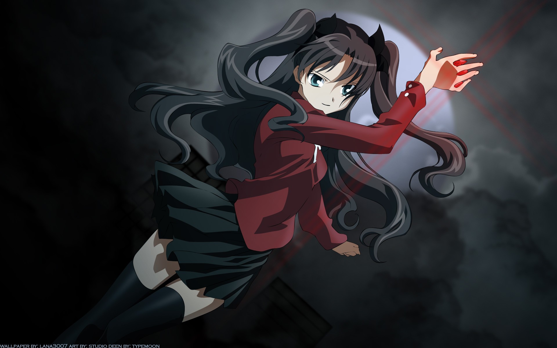 aqua eyes black hair dark fate stay night long hair moon tohsaka rin