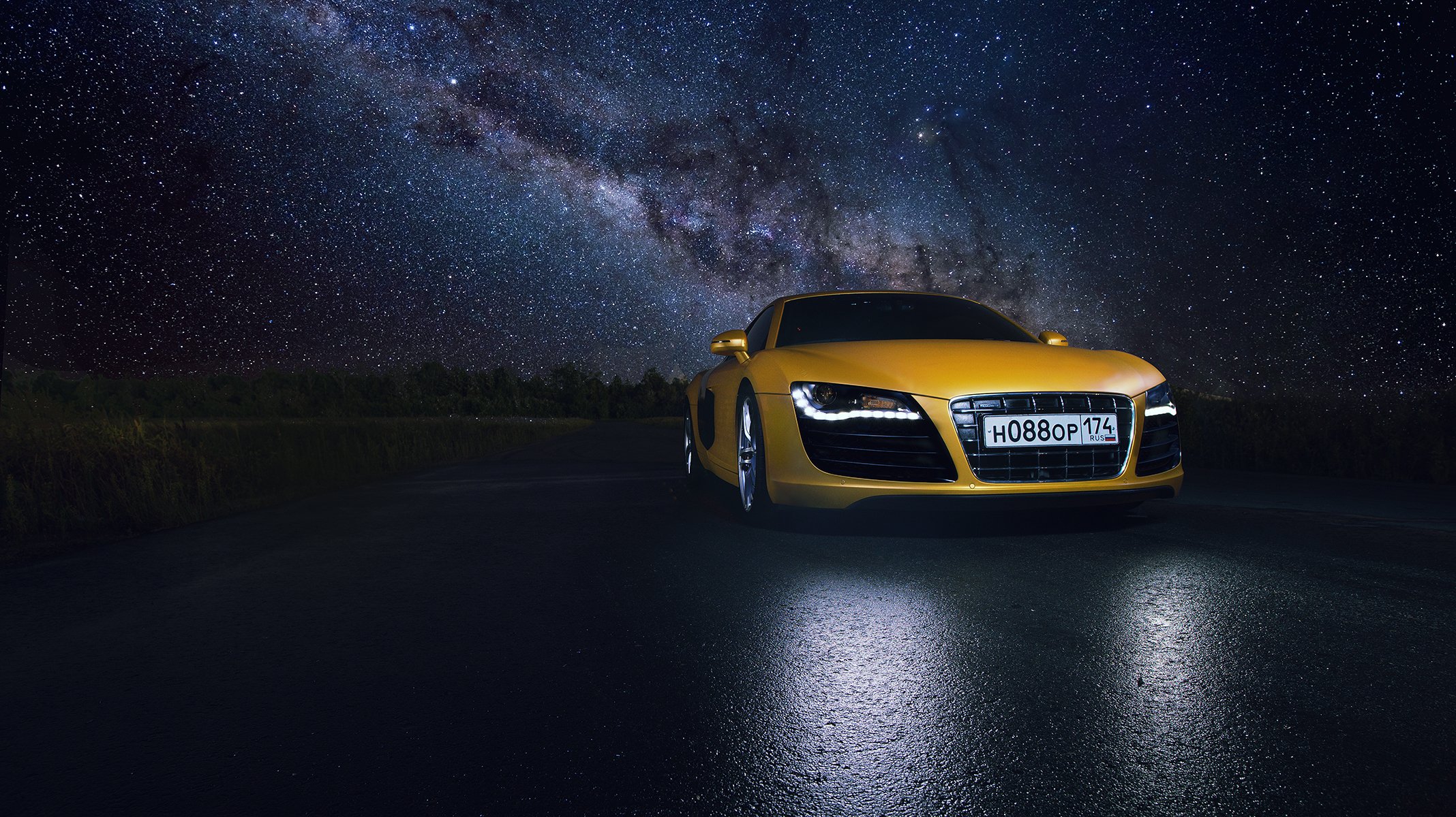 audi r8 jaune supercar nuit espace étoile route réflexion