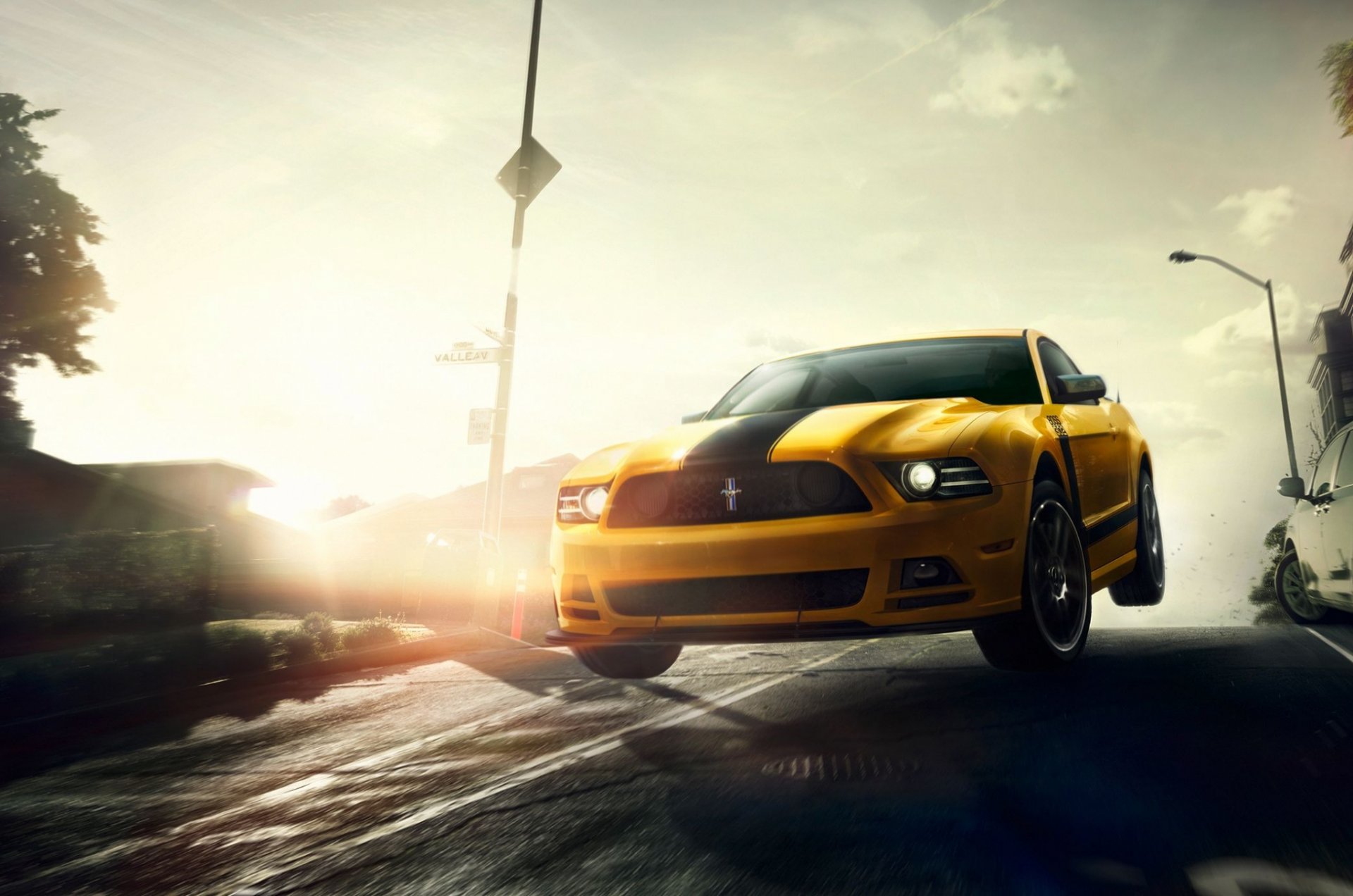 ford mustang boss yellow muscle car street san francisco sun speed front jump