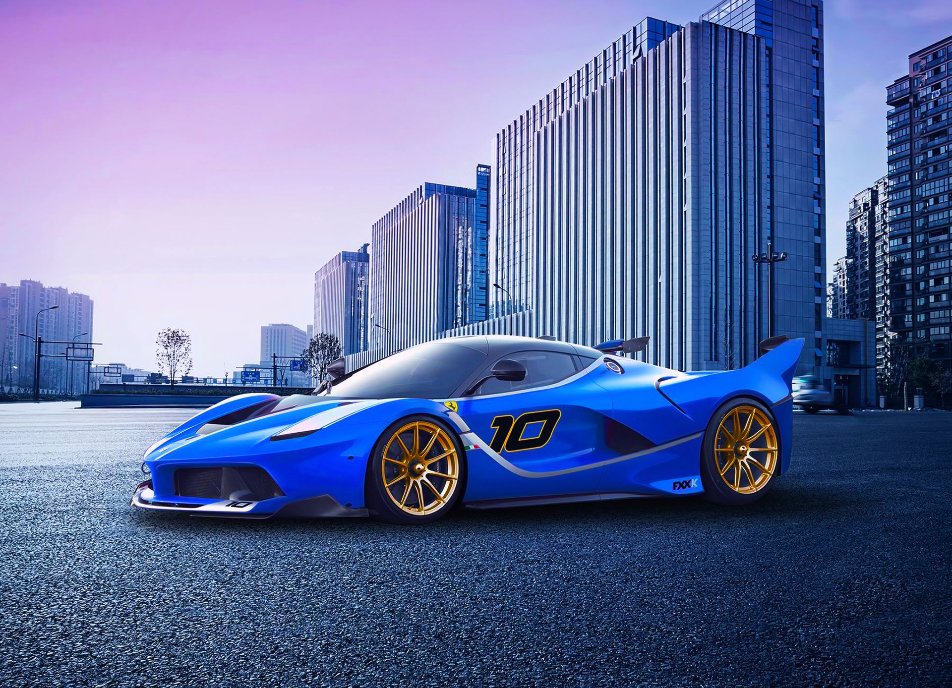 ferrari fxx k race supercar blue city sunset purple pink front