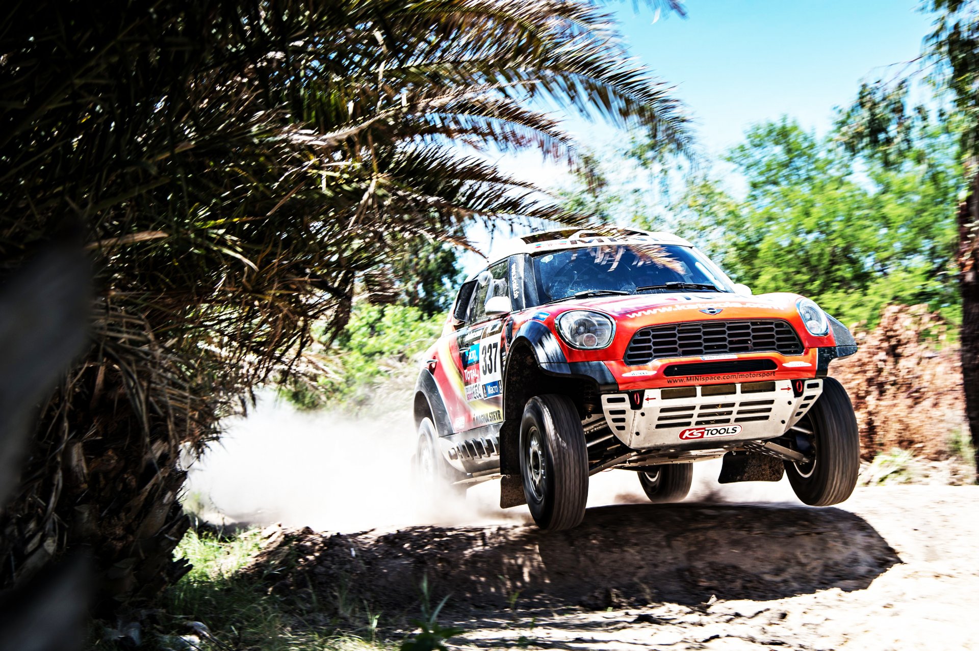 mini mini cooper mini dakar x-raid rallye suv 2014 rennen sport geschwindigkeit bäume front scheinwerfer