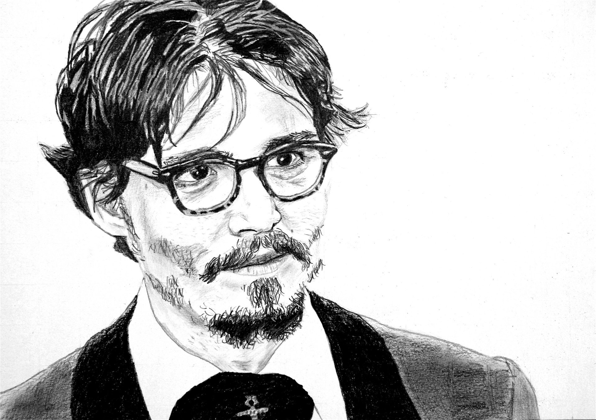 johnny depp acteur portrait noir et blanc vue fond blanc barbe lunettes dessin yeux visage noir et blanc