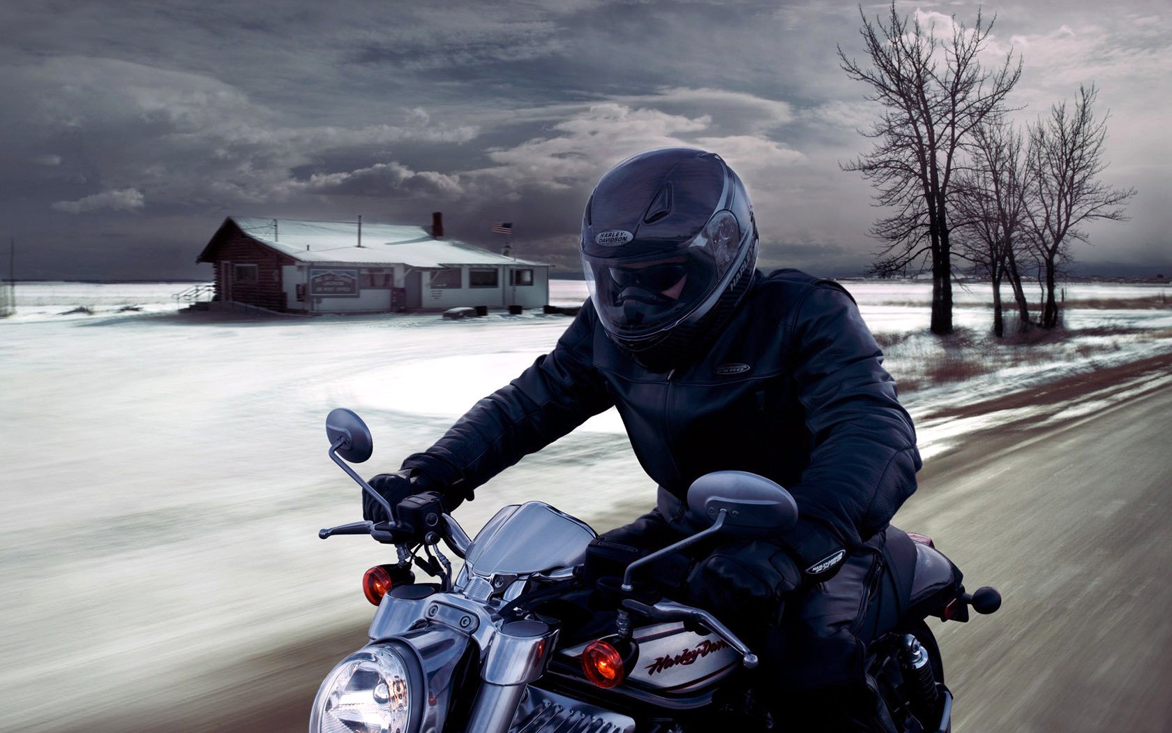 moto motard vitesse maison ciel route neige hiver nuages trafic arbres